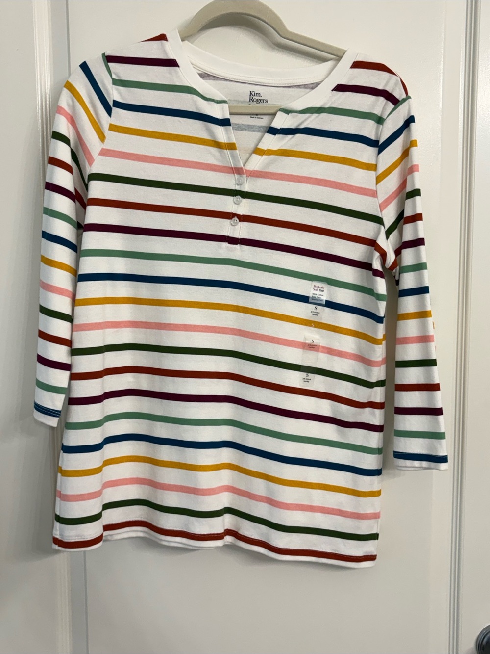 Kim Rogers White Long-Sleeve Henley Top with Multi-Color Stripes